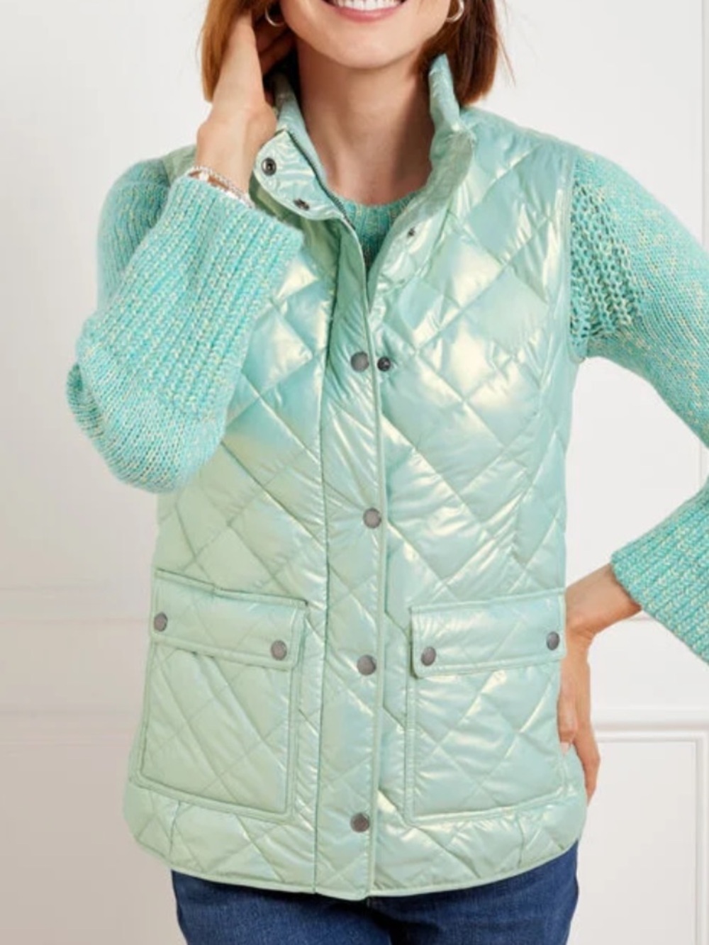 Talbots Women Plus Sz 3X Blue Full Zip Pearlized Quilted Down Puffer Vest NWOT